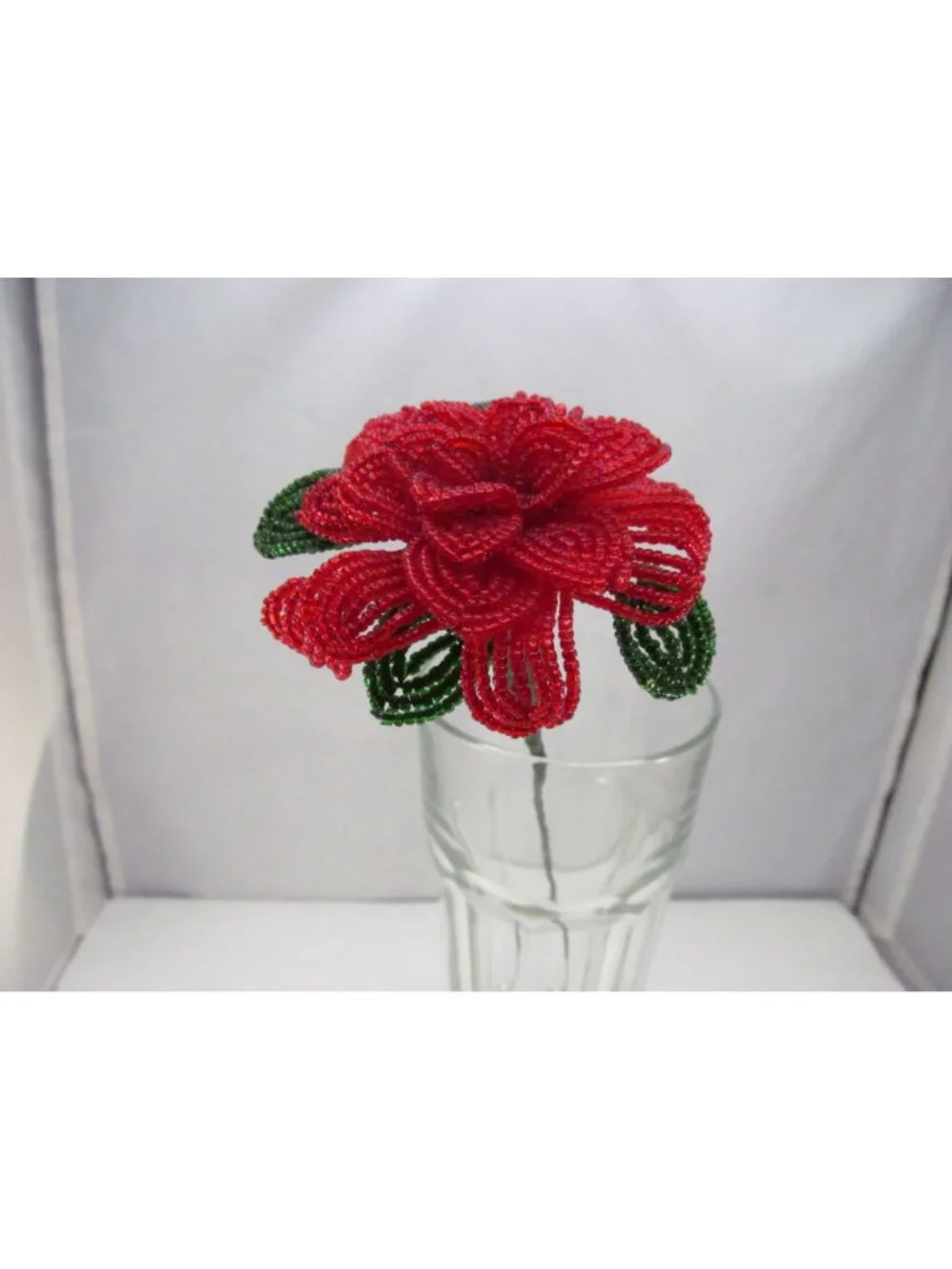 Handcrafted Red & Green French Beaded Flower with Stem Home Decor Gift 11 inch